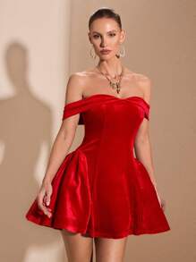 SHEIN BAE 1 chiếc váy bó sát nhung hở vai gợi cảm màu trơn cho nữ, thích hợp cho tiệc cocktail, buổi hẹn hò lãng mạn, váy lót thu đông, tiệc tùng, sự kiện trang trọng, váy phù dâu, đi chơi đêm, váy Halloween, váy Giáng sinh - Đỏ - Xem 1