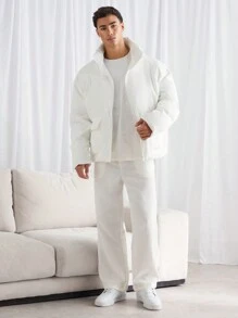 Manfinity VCAY 男士编织宽松立领休闲棉服外套，适合冬季日常穿着，外出白色泡泡大衣，送给朋友，丈夫，男朋友的礼物 - 白色 - 查看 4