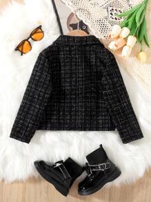 SHEIN Young Girls Shiny Jacquard Fabric Elegant Charming Commuter All-Match Short Jacket, Comfortable Lining & Fashion Mesh Fabric, Autumn/Winter - Black - View 2