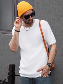 Manfinity Homme Men's Casual Colorblock Trim Short Sleeve Knit Top, Spring/Summer - White - View 5