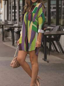 Plus 女式拼色印花纽扣长衬衫 - 綠色 - 查看 3