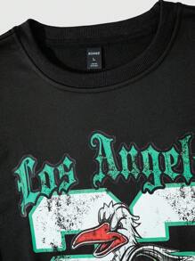 ROMWE MEN Street Life Set de 2 piezas de sudadera casual y pantalón de chándal con estampado de dibujos animados y letras, diseño de contraste de color, para otoño - Negro - Ver 3