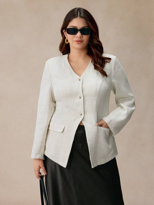 Elaquor Women Plus Size Solid Color V-Neck Long Sleeve Single-Breasted Elegant Jacket For Autumn