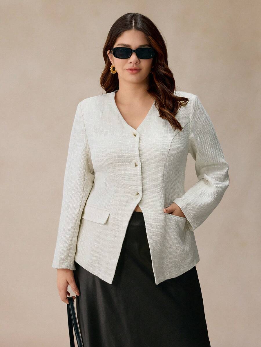 Elaquor Veste élégante pour femmes en grande taille, de couleur unie, col en V, manches longues, simple boutonnage, pour l'automne - Multicolore - Voir 1