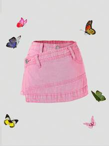 SHEIN Explorewe Váy denim rách màu tím thời trang Y2K cho bé gái - Hồng - Xem 1