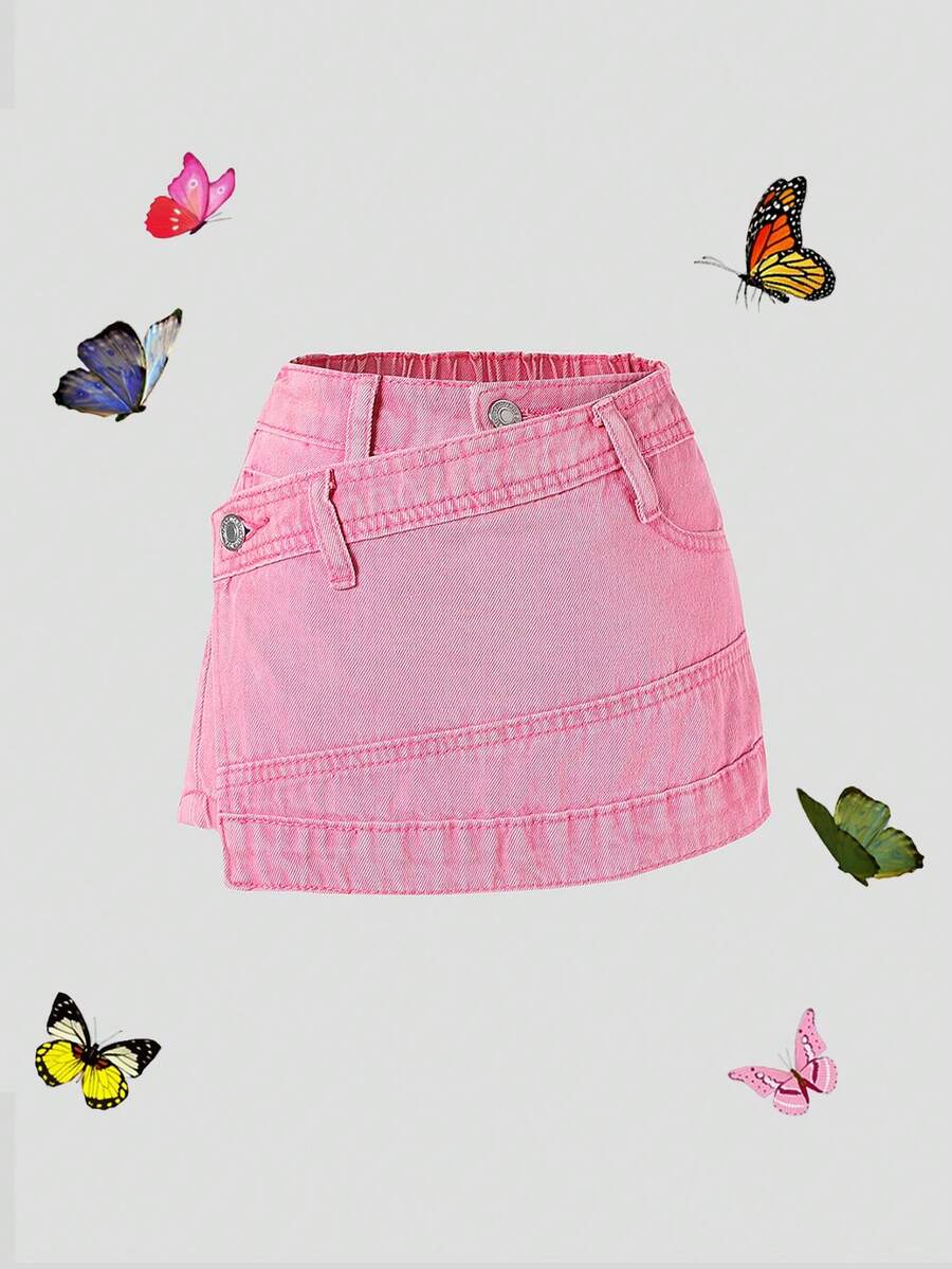 SHEIN Explorewe Váy denim rách màu tím thời trang Y2K cho bé gái - Hồng - Xem 1