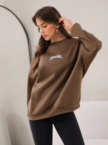 Mulvari Women Casual Letter And Number Print Dropped Shoulder Loose Hoodie With Rivet Decoration, Spring Autumn