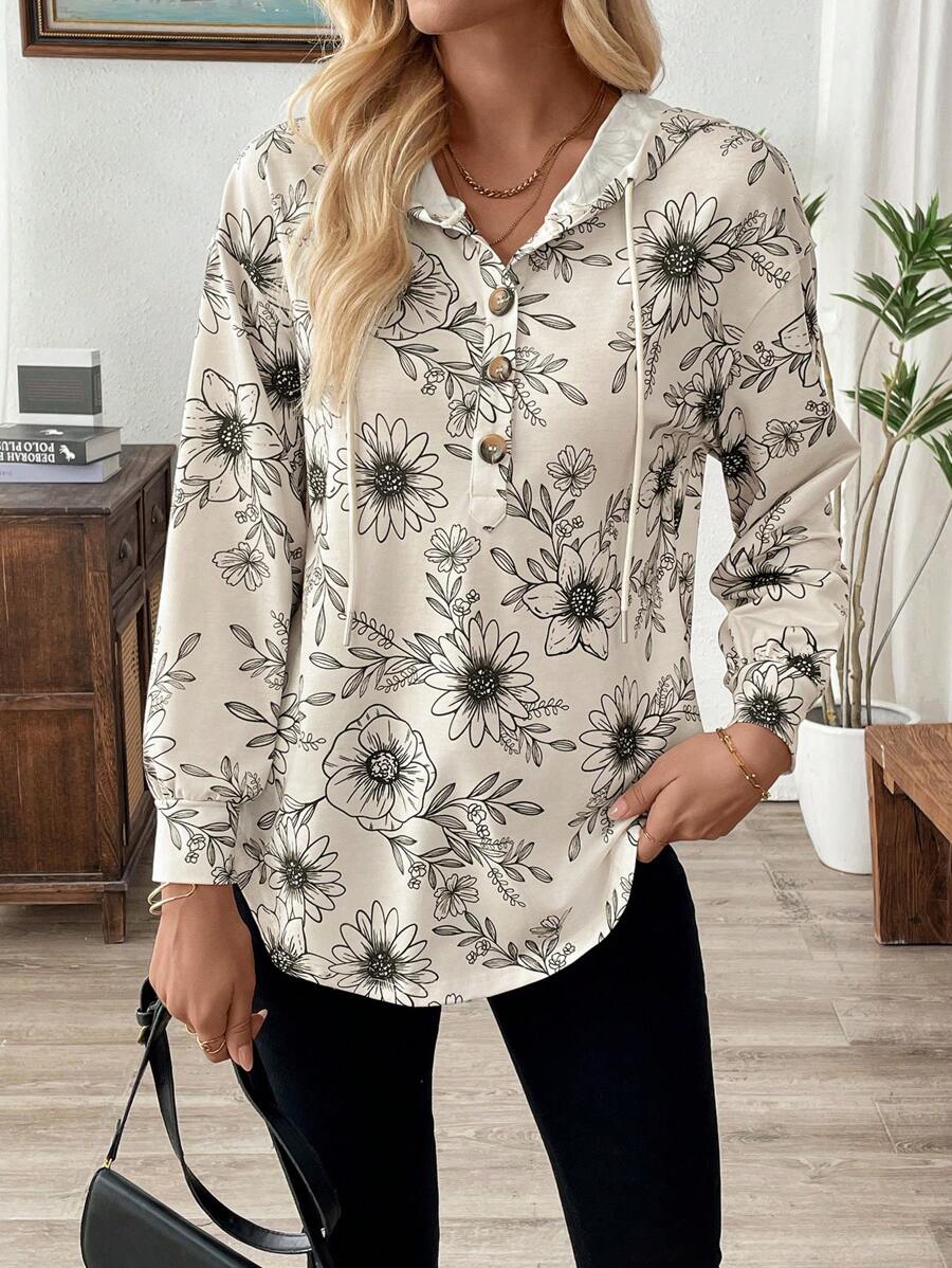 EMERY ROSE Damen Hoodie mit VollBlumen Muster, Drop Shoulder, lockerer Passform, gerundeter Saum und halber Knopfleiste, für Frühling/Herbst