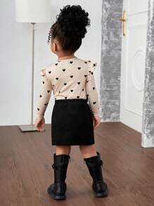 SHEIN Ensemble de 2 pièces en tricot : pull à manches longues avec cœur mignon pour bébé fille et jupe avec décoration de nœud, automne/hiver - Kaki - Voir 2