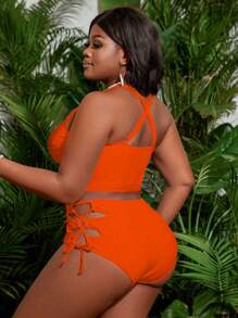 SHEIN Slayr CURVE Plus Size Summer Beach Vacation Cross Front Tied Bikini Set - Orange - View 2