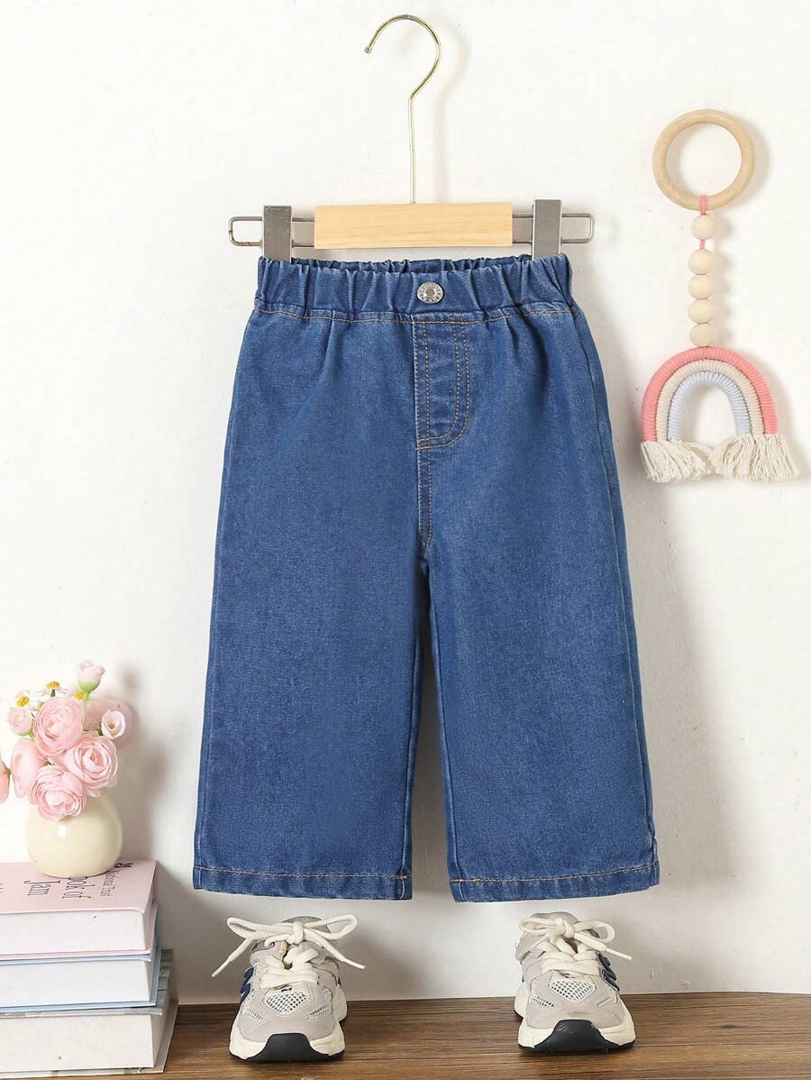 SHEIN 女婴宽松轻便休闲度假牛仔裤 - 深色水洗藍 - 查看 1