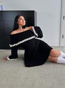 Flirla Váy len dài tay thanh lịch phối ren trễ vai cỡ lớn cho mùa đông - màu đen - Xem 4