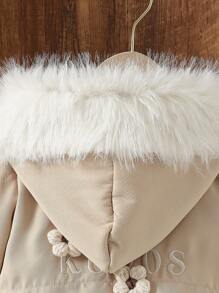 Girls Khaki Embroidered 3D Flower Fuzzy Collar Warm Jacket, For Toddlers & Young Girl