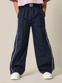 SUMWON Tween Girls 短款图案印花 T 恤和宽腿运动裤 2 件套 - 藏蓝色 - 查看 4