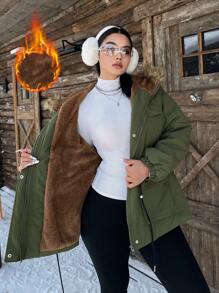Calvaya 大码女式冬季长袖工装口袋休闲短款派克大衣连帽棉服外套 - 軍綠色 - 查看 1