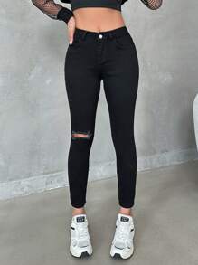 EURMUSE Casual Solid Low Waist Ripped Skinny Jeans - Black - View 4