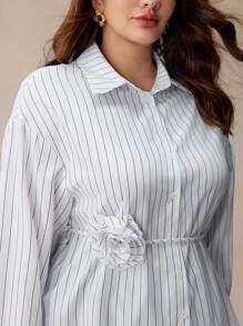 SHEIN Frenchy Plus Size Women's Casual Dropped Shoulder Long Sleeve Striped 3D Floral Blouse, Autumn - Black and White - View 3