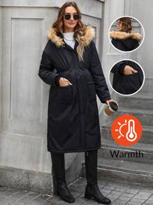 SHEIN Maternity Winter Casual Drawstring Waist Patch Pocket Fluffy Hooded Long Coat - Black - View 1