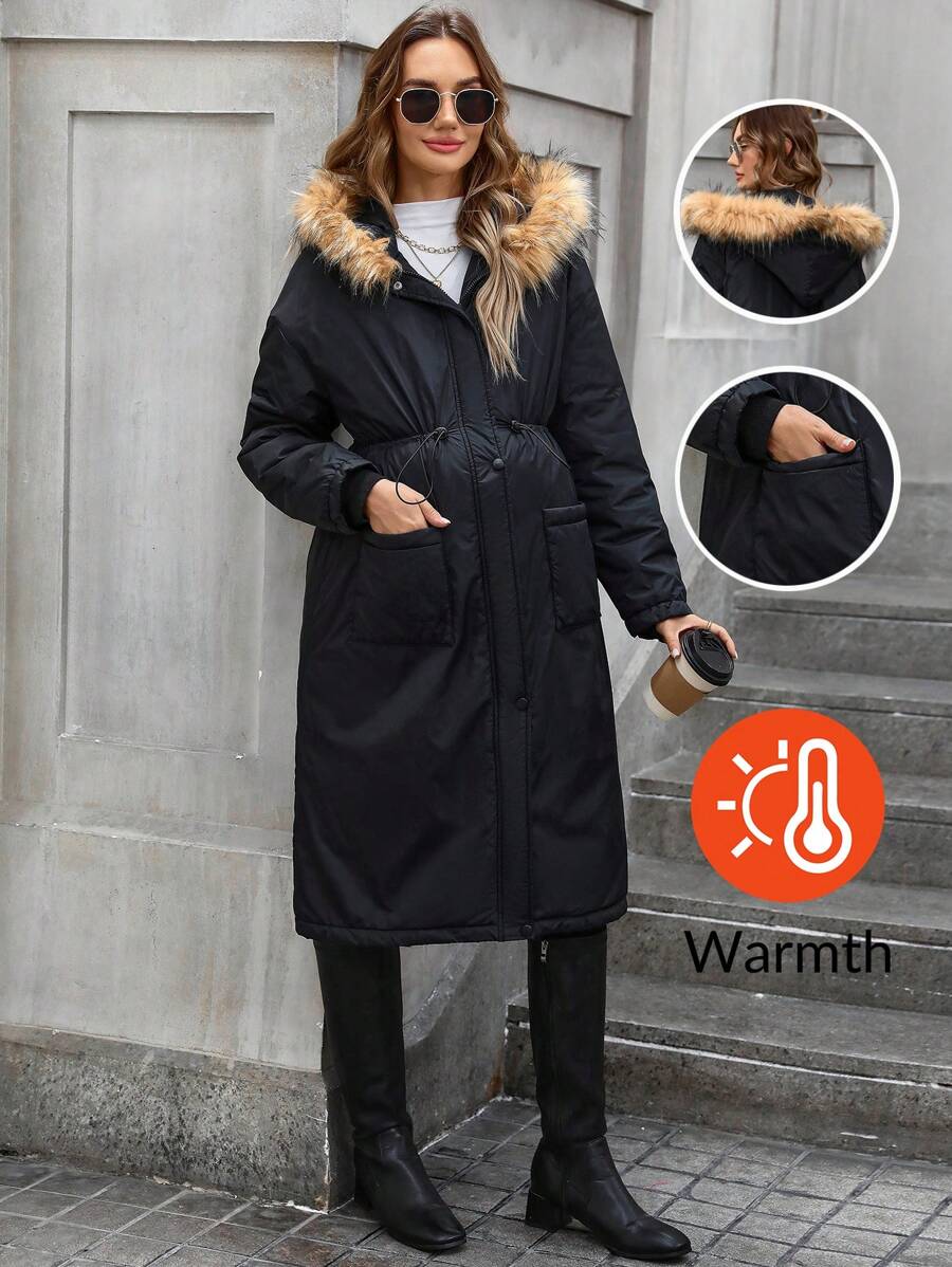 SHEIN Maternity Winter Casual Drawstring Waist Patch Pocket Fluffy Hooded Long Coat - Black - View 1