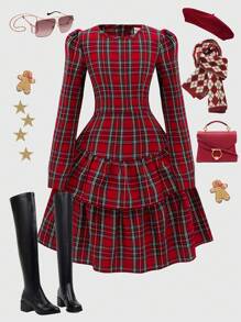 Tween Girl Adolescent Plaid Round Neck Long Sleeve Dress - Red - View 8