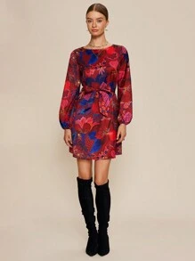 SHEIN Unity 秋季优雅花卉印花灯笼袖连衣裙 - 紅色 - 查看 4