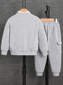 SHEIN Leap Crew Young Boy 2pcs Casual Sports Patch Pocket Long Sleeve Baseball Collar Zip-Up Sweatshirt And Solid Color Jogger Pants Set, Suitable For School, Garden, Beach, Birthday, Spring, Summer, Autumn, Winter - Light Grey - View 2