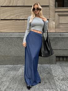 Forever 21 女式休闲牛仔半身裙，带拉链侧开衩 - 藍色 - 查看 5