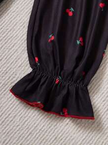 Bộ đồ ngủ dệt kim dễ thương màu đỏ anh đào thời trang tối giản cho bé gái tuổi teen, quần dài & áo dài tay, đồ mặc ở nhà thoải mái - màu đen - Xem 7