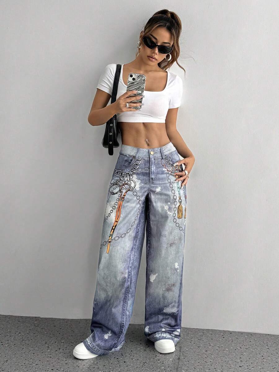 SHEIN Unity Women's Denim Effect Chain Pattern Print Casual Straight Leg Pants, Autumn - Multicolor - View 1