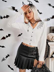 Chiquease Women Halloween Spider Web Pattern V-Neck Cardigan - Black and White - View 6