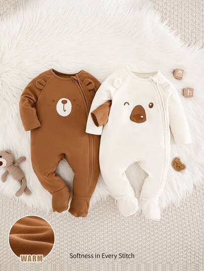 Cozy Pixies 2pcs Newborn Baby Boy Colorblock Bear Pattern Round Neck Raglan Sleeve Footie Romper Graphic