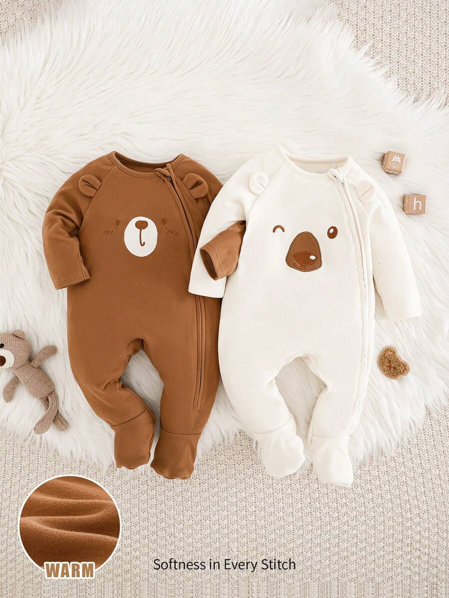 Cozy Pixies 2pcs Newborn Baby Boy Colorblock Bear Pattern Round Neck Raglan Sleeve Footie Romper Graphic - Multicolor - View 1