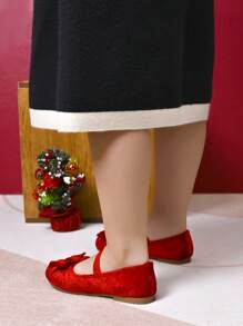 1 双女童天鹅绒蝴蝶结装饰平底鞋，适合圣诞节、秋冬季 - 紅色 - 查看 2