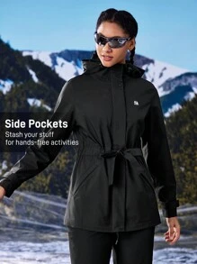 In My Nature 女士植物印花抽绳腰长袖连帽休闲雨衣夹克 - 黑色 - 查看 6