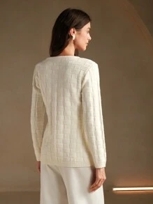 Anewsta V-Neck Long Sleeve French Style Cinched Waist Single Breasted Knit Cardigan - Apricot - View 7