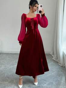 Modelyn Women's Solid Color Front Tie Long Sleeve Simple Long Dress