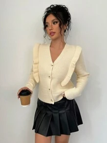 Chiquease 纯色V领优雅长袖荷叶边下摆针织开衫，秋冬款 - 杏色 - 查看 8