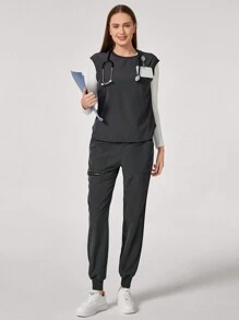 TaskEZ Conjunto informal de uniforme de scrubs con top cuello redondo minimalista y pantalón de chándal con bolsillo