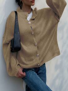 INAWLY Women's Solid Color Button-Front Casual Long Sleeve Cardigan Fall Cloth For Women - Khaki - View 3