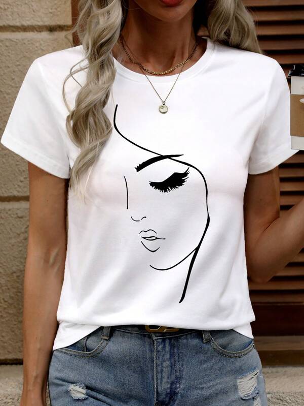 EMERY ROSE Women Face Graphic Simple Line Printed Short Sleeve T-Shirt, Suitable For Summer And Autumn Graphic Tees Women Tops