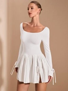 SHEIN BAE Váy dệt kim xẻ tà cao cổ vuông tay dài màu trắng trơn cho nữ, phù hợp mặc nhiều lớp vào mùa thu/đông, đi chơi, hẹn hò lãng mạn, tiệc tùng, ngày lễ và sinh nhật - trắng - Xem 6