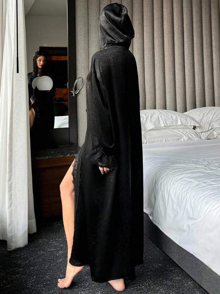 Ombre Lace Patchwork Hooded Robe Pajama