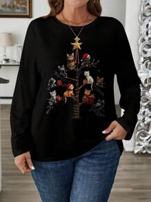 EMERY ROSE Damen Große Größen Lässig Weihnachts-Katzen-Grafik Rundhals Langarm T-Shirt - Schwarz - Übersicht 3