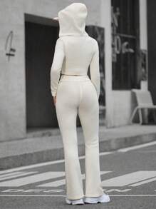 Flirla Women's Solid Color Long Sleeve Hooded Zip-Up Cardigan & Knitted Pants Set, Autumn/Winter Fall Cloth For Women