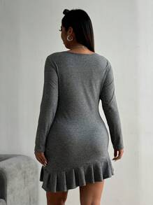 Flirla 大码纯色褶皱圆领长袖连衣裙 - 深灰色 - 查看 2
