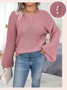 Calvaya Pull ample pour femmes à col rond, épaules tombantes, décontracté. Pull tricoté pour le printemps, l'automne et l'hiver - Rose bonbon - Voir 4