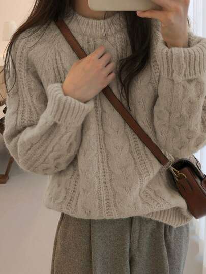 DAZY 女式纯色麻花针织圆领长袖毛衣，秋季女装