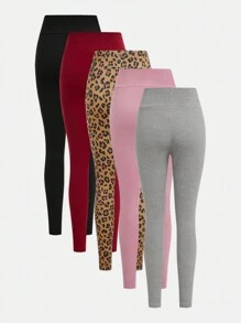 SHEIN Leap Crew 5pcs/Pack Tween Girls Casual Sports Basics Fitted Solid & Leopard Print Leggings - Multicolor - View 2