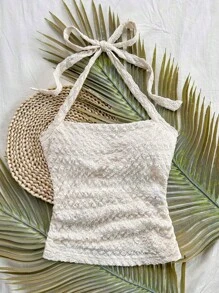 Soleia 女士度假针织白色纹理扭纹侧褶系带领口贴身吊带背心抹胸套装白色抹胸 - 米色 - 查看 4