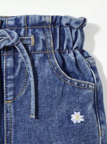 Baby Girl Fried Snowflake + Paper Bag Waist Floral Embroidery Denim Pants,Holiday,Summer,Travel